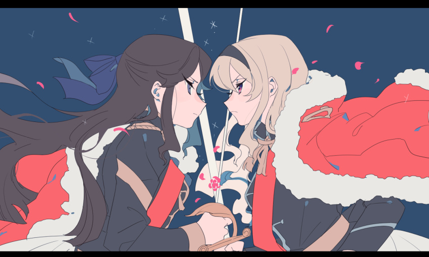2girls black_hairband black_jacket blonde_hair blue_background brown_hair closed_mouth commentary_request epaulettes eye_contact falling_petals frown fur-trimmed_jacket fur_trim hair_ribbon hairband holding holding_sword holding_weapon jacket letterboxed long_hair looking_at_another multiple_girls petals pink_eyes purple_ribbon red_jacket red_sash ribbon roneco saijou_claudine sash shoujo_kageki_revue_starlight sword tendou_maya upper_body violet_eyes weapon