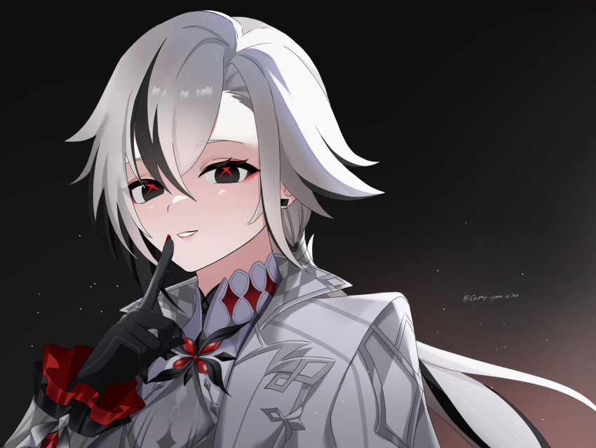 1girl arlecchino_(genshin_impact) black_background black_eyes coat commentary genshin_impact gradient_background grey_coat grey_hair grey_shirt hand_up highres index_finger_raised kino_(curry_pan) long_hair low_ponytail open_clothes open_coat shirt solo upper_body very_long_hair