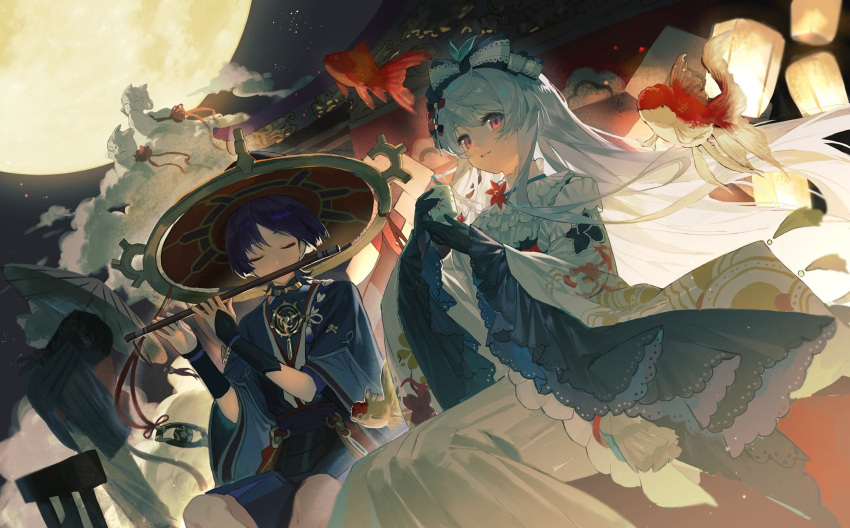 1boy 1girl antenna_hair blue_hair bow closed_eyes clouds cloudy_sky commission couple cup fish flute full_moon genshin_impact gloves hair_between_eyes hair_bow hair_flowing_over hat hayamimomo highres holding holding_cup holding_flute holding_instrument instrument japanese_clothes lantern long_hair looking_at_viewer looking_to_the_side moon music night night_sky original outdoors paper_lantern pink_eyes playing_flute playing_instrument scaramouche_(genshin_impact) sitting sky star_(sky) white_hair