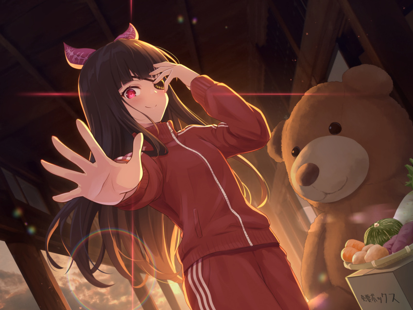 1girl black_hair blunt_bangs box carrot closed_mouth commentary_request diffraction_spikes eyepatch food hand_over_eye highres jacket large_teddy_bear lens_flare one_eye_covered open_hand original outstretched_arm pants potato radish red_eyes red_jacket red_pants red_track_suit smile solo split_mouth sweet_potato track_jacket track_pants yutuki_ame