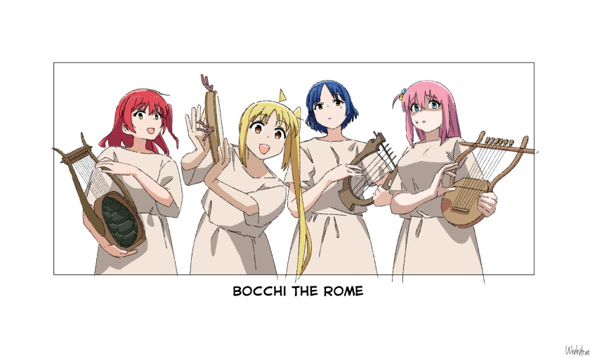 4girls alternate_costume aqua_eyes artist_name blonde_hair blue_hair bocchi_the_rock! closed_mouth english_commentary english_text gotoh_hitori greco-roman_clothes harp head_tilt highres holding holding_instrument holding_lyre ijichi_nijika instrument kita_ikuyo long_hair looking_at_viewer lyre medium_hair mole mole_under_eye multiple_girls music one_side_up open_mouth pink_hair playing_instrument red_eyes redhead roman_clothes shaded_face short_hair side_ponytail signature smile sweatdrop tunic tympanum_(instrument) upper_body very_long_hair weebsteve yamada_ryo yellow_eyes