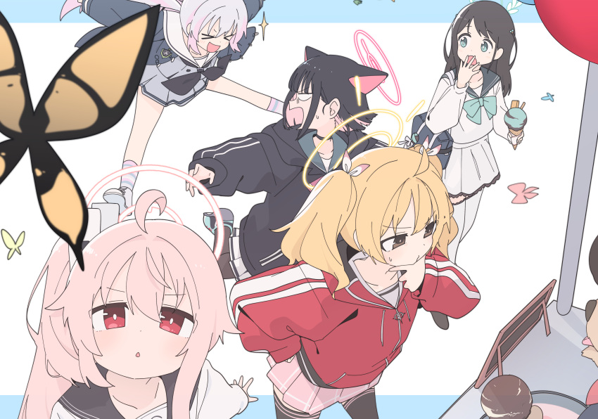 &gt;_&lt; 5girls absurdres after-school_sweets_club_(blue_archive) airi_(blue_archive) black_hair black_jacket black_thighhighs blank_eyes blonde_hair blue_archive bug butterfly food halo hand_on_own_chin highres holding holding_food hood hooded_jacket ice_cream_cone jacket jumping kazusa_(blue_archive) looking_at_animal looking_at_another luke_(dydansgur) multiple_girls natsu_(blue_archive) pink_hair pleated_skirt red_jacket reisa_(blue_archive) school_uniform serafuku skirt stroking_own_chin thigh-highs track_jacket yellow_butterfly yoshimi_(blue_archive)