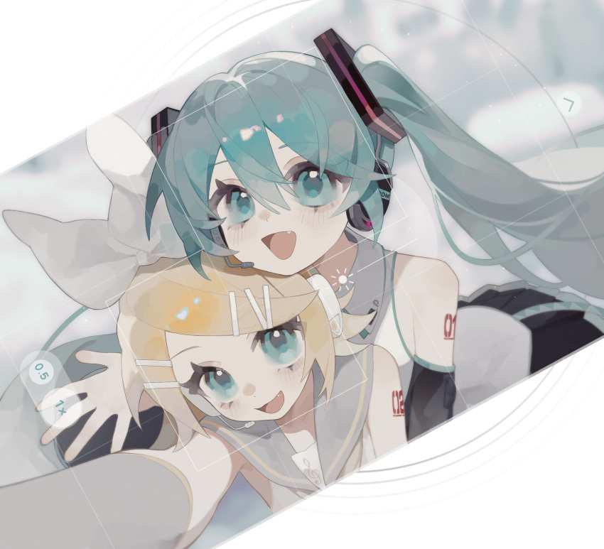 2girls aqua_eyes aqua_hair aqua_trim arm_at_side bare_shoulders black_skirt black_sleeves blonde_hair blush bow collared_shirt detached_sleeves fang flipped_hair foreshortening grey_sailor_collar grey_sleeves hair_between_eyes hair_bow hair_ornament hand_up hatsune_miku headphones headset highres kagamine_rin long_hair looking_at_viewer multiple_girls open_mouth rcs_4 reaching reaching_towards_viewer sailor_collar selfie shirt short_hair skirt sleeveless sleeveless_shirt smile swept_bangs twintails upper_body vocaloid white_bow white_headphones white_shirt yellow_trim