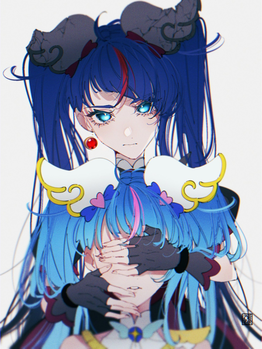 2girls aoi_tete artist_logo blue_eyes blue_hair blurry brooch closed_mouth corruption covering_another's_eyes cure_sky cut_bangs dark_persona dual_persona earrings fingerless_gloves frown gloves grey_background grey_gloves highres hirogaru_sky!_precure jewelry long_hair looking_at_viewer magical_girl multicolored_hair multiple_girls parted_lips pink_hair precure redhead simple_background single_earring single_sidelock sora_harewataru streaked_hair twintails two-tone_hair very_long_hair wing_brooch wing_hair_ornament