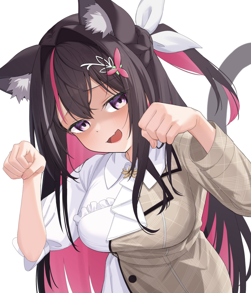 1girl ai_(u_e_o_o) animal_ear_fluff animal_ears azki_(4th_costume)_(hololive) azki_(hololive) black_hair blush breasts cat_ears cat_girl cat_tail colored_inner_hair dress fang hair_between_eyes hair_intakes hair_ornament hairclip hands_up highres hololive large_breasts long_hair looking_at_viewer multicolored_hair official_alternate_costume open_mouth pink_hair shaded_face simple_background skin_fang smile solo streaked_hair tail upper_body violet_eyes virtual_youtuber white_background white_dress white_hair