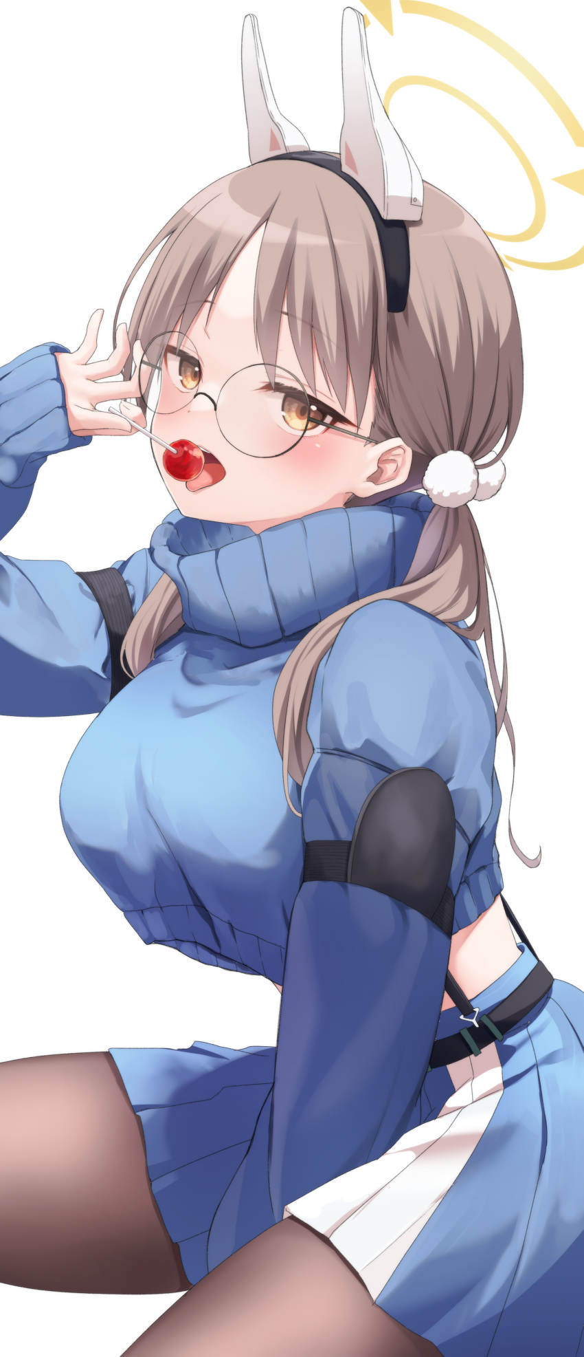 1girl absurdres animal_ears black_pantyhose blue_archive blue_skirt blue_sweater blush breasts brown_eyes brown_hair candy cowboy_shot fake_animal_ears food glasses halo highres holding holding_candy holding_food large_breasts long_hair long_sleeves looking_at_viewer moe_(blue_archive) nnyara open_mouth pantyhose pleated_skirt rabbit_ears round_eyewear simple_background skirt solo sweater tongue tongue_out twintails two-tone_skirt white_background white_skirt yellow_halo