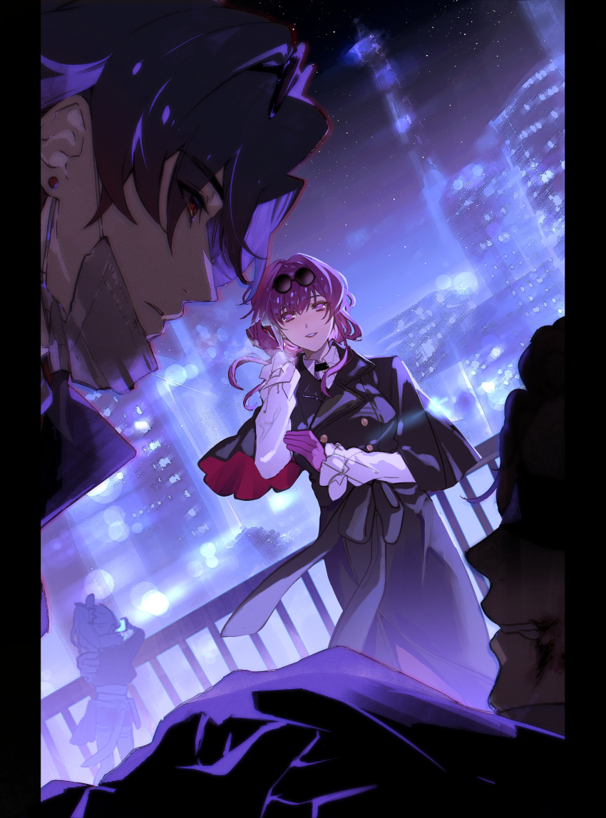 1boy 2girls absurdres black_coat blade_(honkai:_star_rail) blood blood_on_face buttons city clothes_grab coat collared_shirt double-breasted drill_hair drill_ponytail dutch_angle eyewear_on_head floating_clothes floating_hair frilled_sleeves frills gloves highres honkai:_star_rail honkai_(series) kafka_(honkai:_star_rail) mask mask_pull mouth_mask multiple_girls outdoors parted_lips purple_gloves shirt silver_wolf_(honkai:_star_rail) surgical_mask violet_eyes white_shirt zassyoku_dd