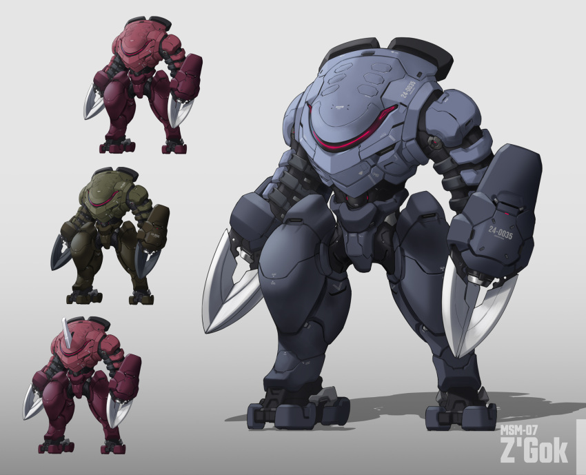 antennae arm_cannon character_name claws color_variation fukai_ryosuke gradient_background grey_background gundam highres mecha mecha_focus mobile_suit_gundam multiple_views no_humans redesign robot science_fiction simple_background standing weapon z'gok z'gok_char_custom