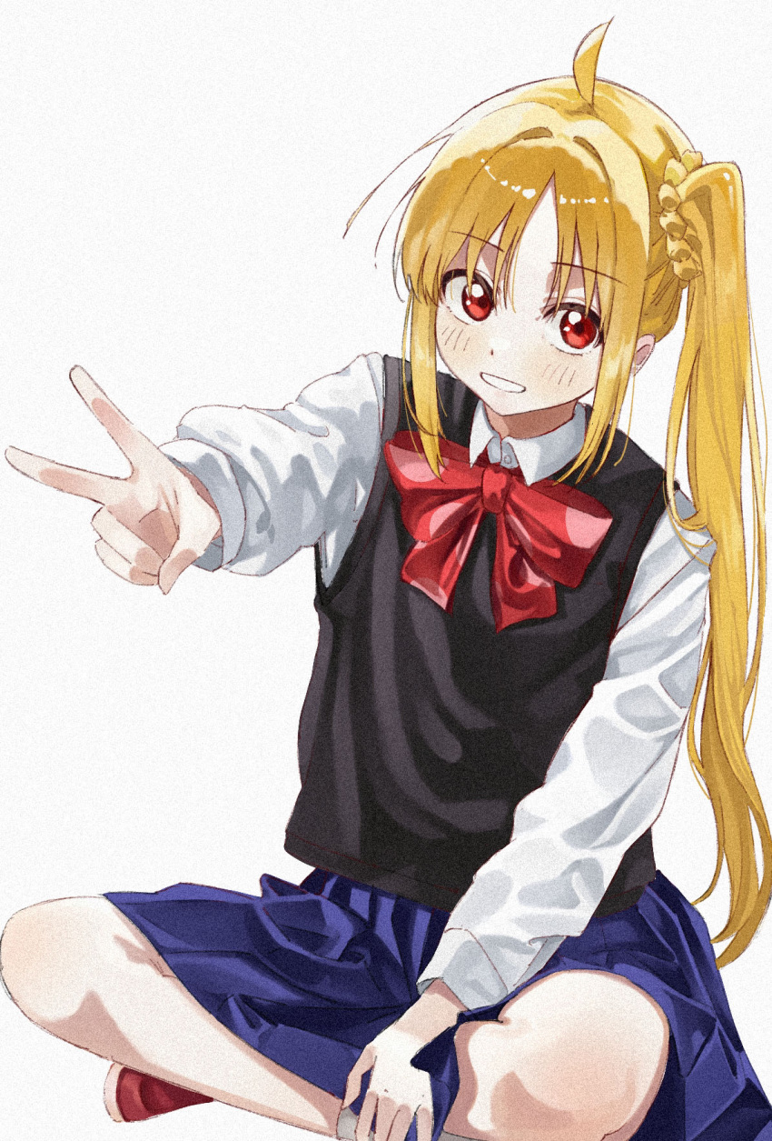 1girl ahoge black_sweater_vest blonde_hair blue_skirt blush bocchi_the_rock! bow bowtie grey_background highres ijichi_nijika indian_style long_hair long_sleeves looking_at_viewer one_side_up parted_lips pleated_skirt red_bow red_bowtie red_eyes school_uniform shimokitazawa_high_school_uniform shirt simple_background sitting skirt solo sweater_vest taroekaki v white_shirt