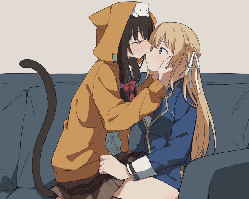 2girls asakura_karen_(heaven_burns_red) black_hair blonde_hair blue_jacket bow braid cat_tail coldcat. couch green_eyes hair_ribbon hands_on_another's_face heart heaven_burns_red highres hood hood_up hooded_jacket imminent_kiss jacket long_hair long_sleeves multiple_girls plaid plaid_skirt red_bow ribbon second-party_source skirt tail toujou_tsukasa white_ribbon yellow_eyes yellow_jacket yuri