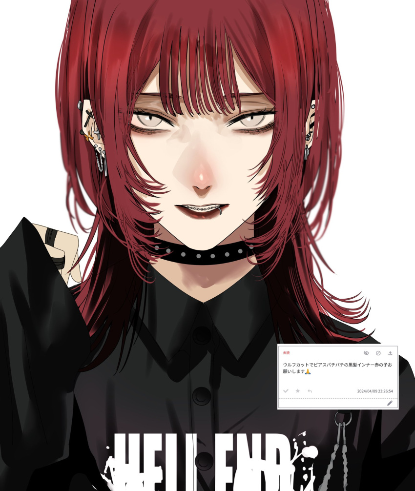 1girl black_choker black_shirt braces choker collared_shirt commentary_request dress_shirt ear_piercing earrings grey_eyes hand_up highres hoshi_san_3 jewelry lip_piercing long_sleeves medium_hair multiple_rings original parted_lips piercing redhead request_inset ring shirt sidelocks simple_background solo studded_choker translation_request upper_body white_background wolf_cut
