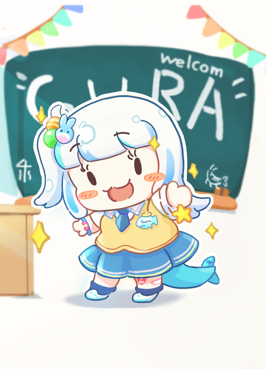 1girl :d absurdres blue_hair blue_necktie blue_skirt blunt_bangs blush_stickers chalkboard chibi chibi_only commentary_request fins fish_tail gawr_gura gawr_gura_(school_uniform) grey_hair hair_ornament hairclip highres hololive hololive_english hosizora long_hair miniskirt multicolored_hair necktie official_alternate_costume official_alternate_hairstyle one_side_up open_mouth pleated_skirt rabbit_hair_ornament school_uniform shark_tail shirt shoes short_necktie short_sleeves skirt smile solid_oval_eyes solo streaked_hair sweater_vest tail uniform uwabaki vest virtual_youtuber white_shirt yellow_vest