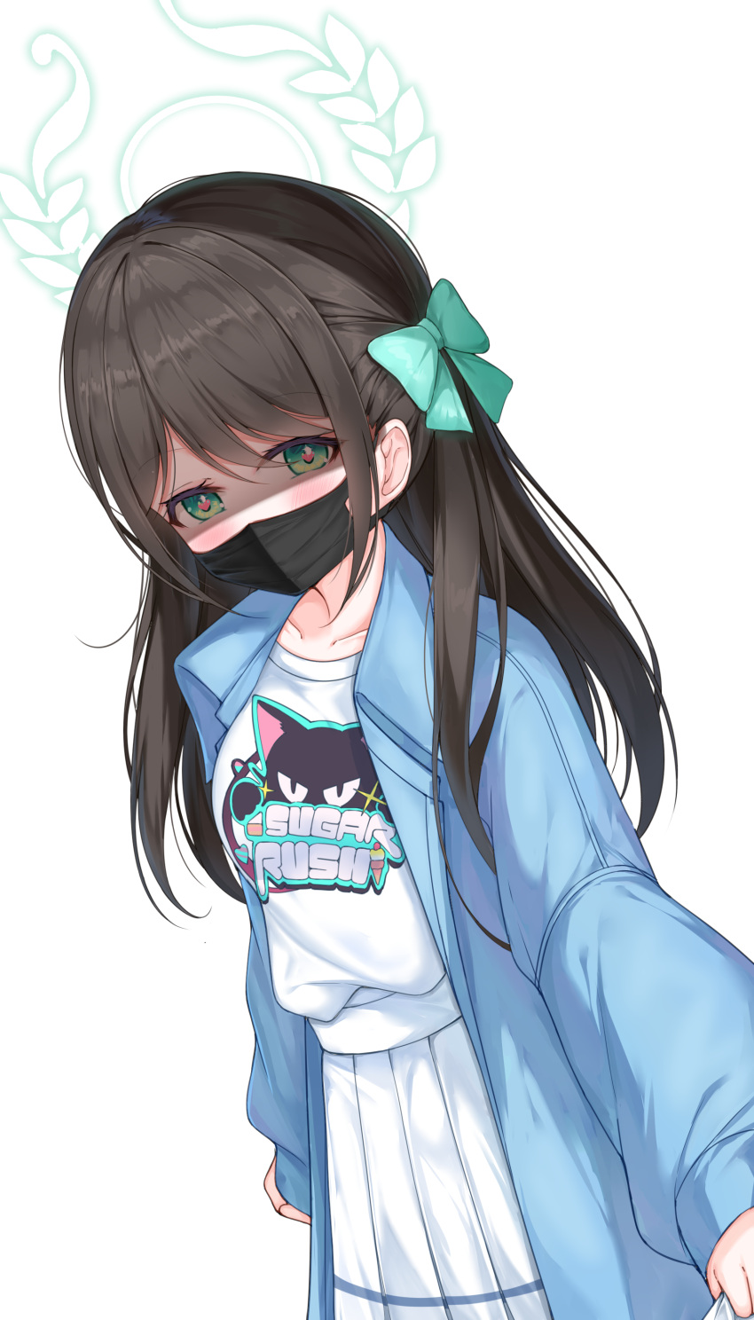 1girl absurdres airi_(band)_(blue_archive) airi_(blue_archive) black_hair black_mask blue_archive blue_jacket blush collarbone green_eyes green_halo halo highres jacket jin_tian_xiang_dian_sha long_hair long_sleeves looking_at_viewer mask mouth_mask official_alternate_costume open_clothes open_jacket pleated_skirt shaded_face shirt simple_background skirt solo white_background white_shirt white_skirt