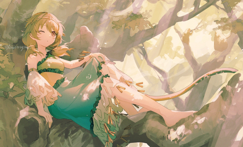 1girl barefoot blue_dress brown_eyes brown_hair circlet closed_mouth detached_sleeves dress green_dress highres long_hair monkey_tail multicolored_clothes multicolored_dress oito_(bowstringsmall) one_eye_closed short_twintails single_detached_sleeve sitting solo son_biten tail touhou tree twintails twitter_username white_sleeves yellow_dress