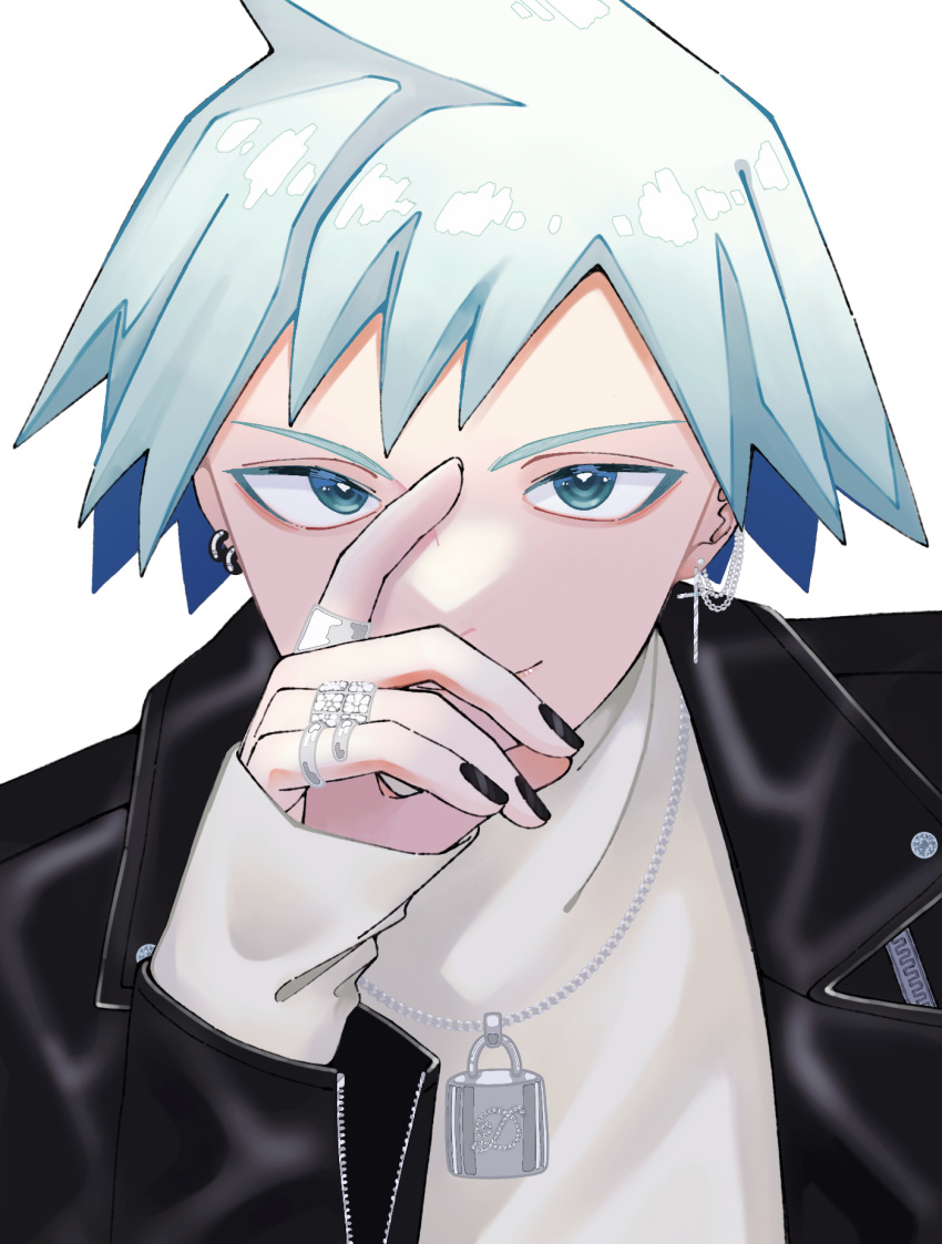 1boy alternate_costume black_jacket black_nails closed_mouth earrings green_eyes green_hair hand_up highres jacket jewelry kana_(kanna_runa0620) long_sleeves looking_at_viewer male_focus nail_polish pokemon pokemon_rse ring short_hair simple_background sleeves_past_wrists smile solo spiky_hair steven_stone sweater upper_body white_background white_sweater zipper