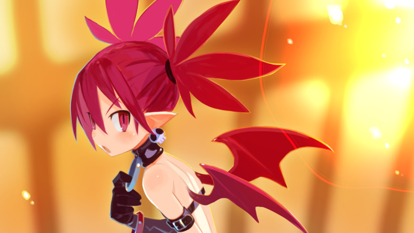 1girl arm_strap black_gloves choker demon_girl demon_wings disgaea disgaea_d2 earrings etna_(disgaea) flat_chest game_cg gloves harada_takehito highres jewelry long_hair looking_at_viewer non-web_source official_art open_mouth photoshop_(medium) pointy_ears red_eyes red_wings redhead skull_earrings solo twintails upper_body wings