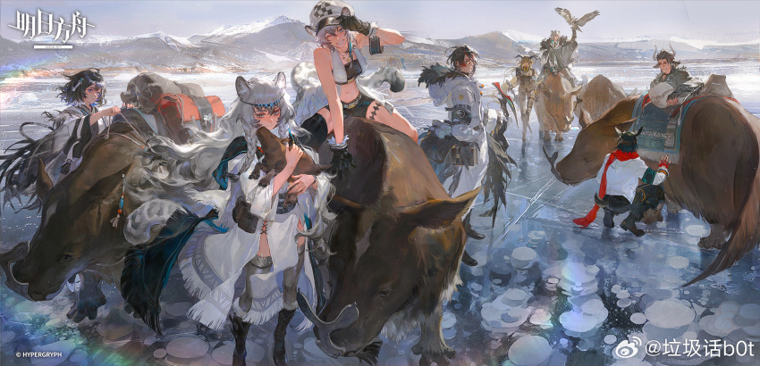 4boys 4girls ahoge animal animal_ears arknights arm_support armband bag bird black_gloves black_hair black_shorts blue_eyes boots braid cabbie_hat character_request chinese_commentary cliffheart_(arknights) coat commentary_request copyright_name courier_(arknights) cow_boy cow_ears cow_horns creamyghost cropped_shirt deer_boy deer_ears degenbrecher_(arknights) fingerless_gloves frozen fur-trimmed_coat fur_trim glasses gloves gnosis_(arknights) goat_ears goat_girl goat_horns grin hair_ornament hat highres holding holding_animal holding_weapon hood hooded_coat horns ice jacket kjera_(arknights) landscape leopard_boy leopard_ears leopard_girl long_hair looking_at_viewer matterhorn_(arknights) military_jacket mountain mountainous_horizon multicolored_hair multiple_boys multiple_girls necktie official_art one_eye_closed orange_shirt outdoors pants pelvic_curtain planted planted_sword pramanix_(arknights) red_scarf riding riding_animal scarf scenery shirt short_hair shorts silverash_(arknights) sitting sitting_on_animal sky smile snow_leopard_boy snow_leopard_ears snow_leopard_girl squatting standing strapless streaked_hair sword tail tassel tassel_hair_ornament tenzin_(arknights) thigh-highs tiara tube_top twin_braids tying very_long_hair weapon white_coat wide_sleeves