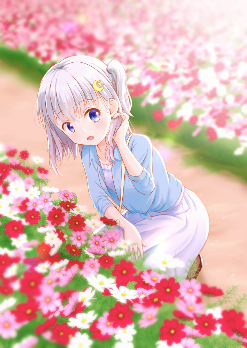 1girl :d absurdres bag blue_eyes blue_shirt blurry blurry_background blush brown_footwear collarbone collared_shirt cosmos_(flower) dirt_road dress dress_shirt flower flower_bed frilled_dress frills grey_hair hand_in_own_hair hand_on_lap highres looking_at_viewer medium_hair one_side_up open_mouth original pink_flower red_flower road shirt shoulder_bag smile solo squatting tied_shirt white_dress white_flower yutuki_ame