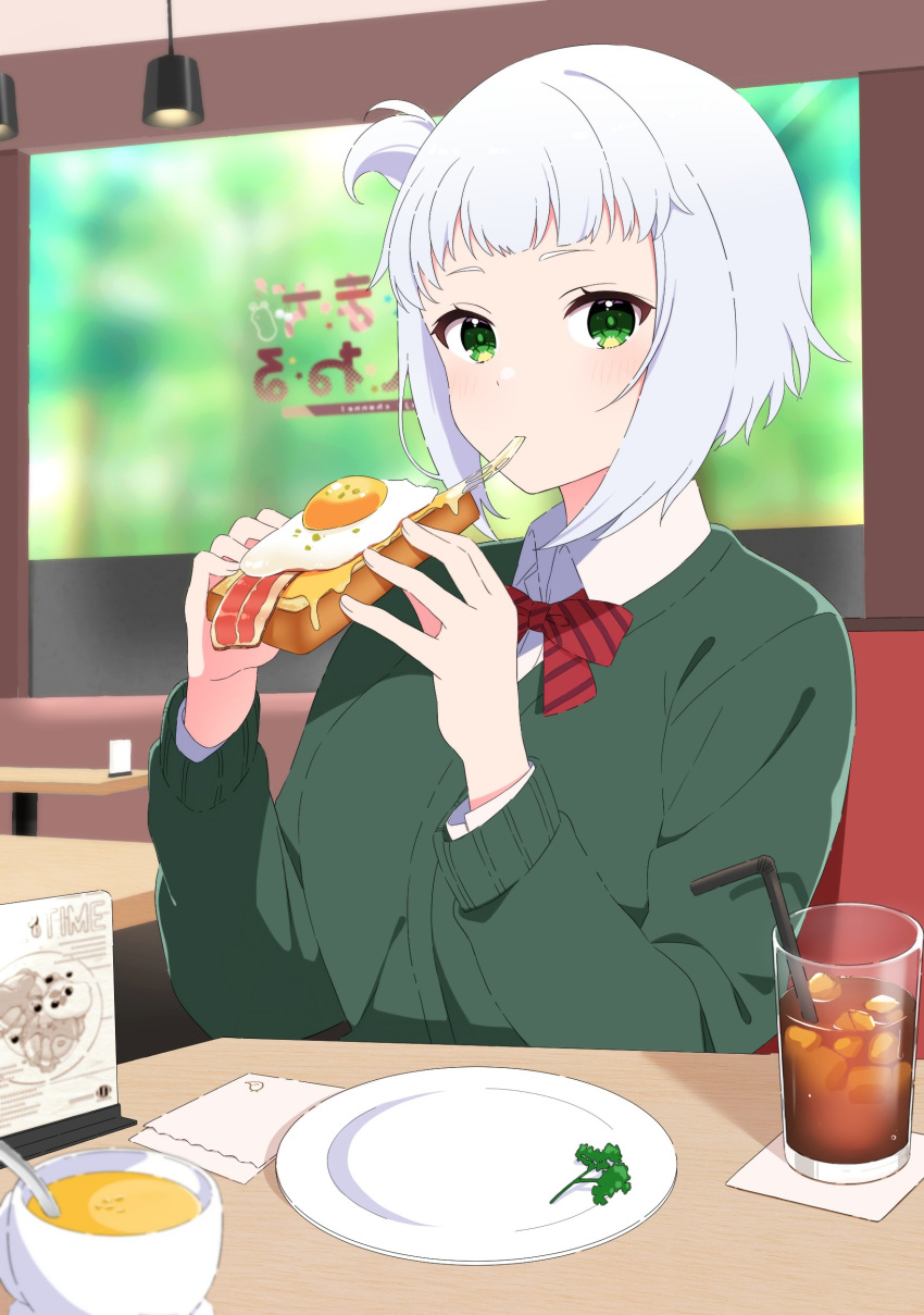 1girl absurdres bacon bow bowtie bread bread_slice cafe character_request commentary_request copyright_request cup diagonal-striped_bow diagonal-striped_bowtie diagonal-striped_clothes drinking_glass eating food fried_egg green_eyes green_sweater highres holding holding_food ice ice_cube indoors long_sleeves looking_at_viewer natsu12113 one_side_up plate red_bow red_bowtie school_uniform short_hair solo spoon striped_clothes sweater tea toast white_hair