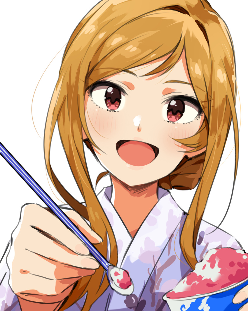 1girl blush brown_hair cup food highres holding holding_cup holding_spoon idolmaster idolmaster_million_live! idolmaster_million_live!_theater_days incoming_food japanese_clothes kimono long_hair looking_at_viewer momose_rio nagami_tami open_mouth portrait purple_kimono shaved_ice smile solo spoon yukata