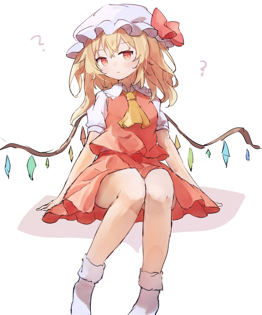 1girl ? ar_(maeus) ascot blonde_hair bow breasts crystal expressionless flandre_scarlet hat hat_bow highres looking_at_viewer medium_hair mob_cap multicolored_wings puffy_short_sleeves puffy_sleeves red_eyes red_skirt red_vest shirt short_sleeves sitting skirt skirt_set small_breasts socks solo touhou vest white_background white_hat wings yellow_ascot