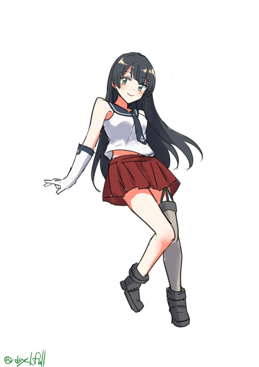 1girl absurdres agano_(kancolle) black_hair black_necktie black_sailor_collar full_body garter_straps green_eyes grey_thighhighs highres kantai_collection long_hair necktie one-hour_drawing_challenge pleated_skirt red_skirt robinson_(day_l_full) sailor_collar sailor_shirt shirt simple_background single_garter_strap single_thighhigh skirt sleeveless sleeveless_shirt solo thigh-highs white_background white_shirt