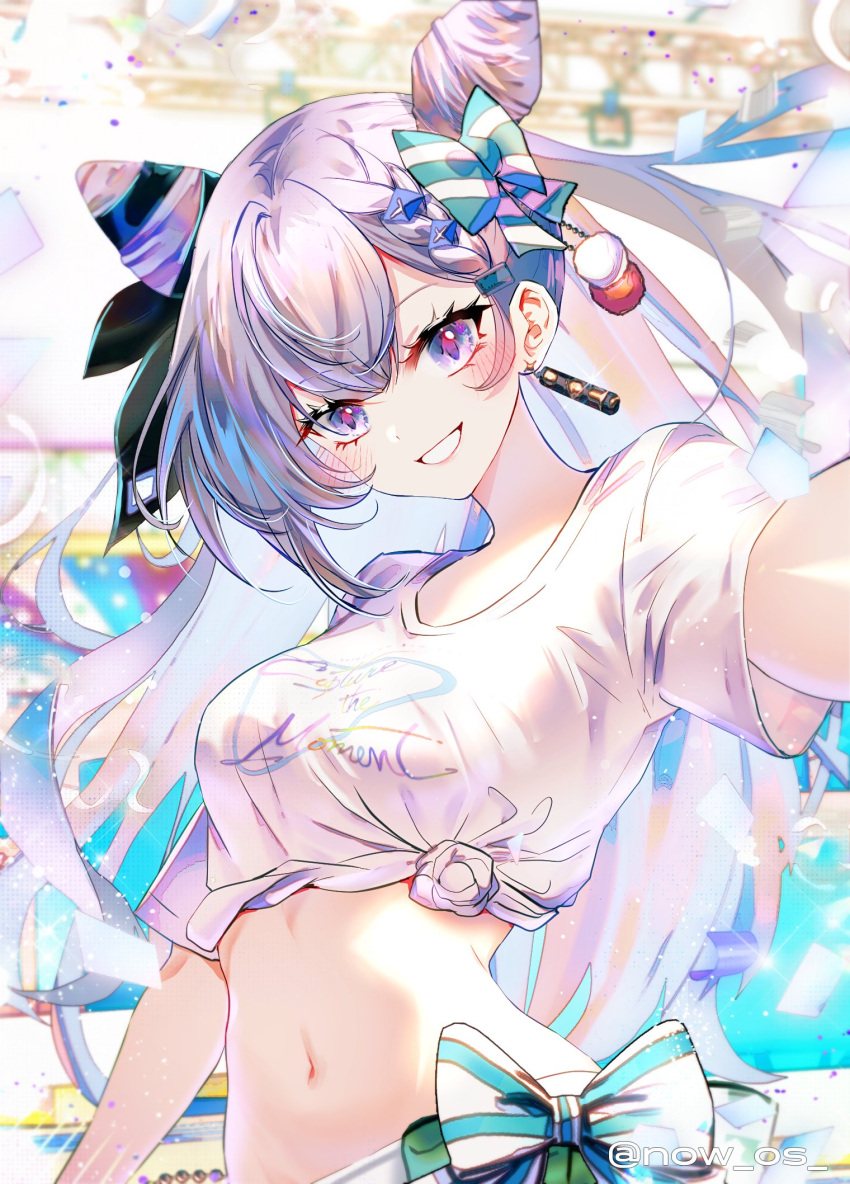 1girl blue_eyes bow breasts cone_hair_bun confetti earrings grey_hair hair_bow hair_bun highres hololive hololive_indonesia hololive_summer_2023_swimsuit jewelry long_hair medium_breasts midriff navel shirt smile sowon striped_bow tied_shirt twitter_username vestia_zeta virtual_youtuber