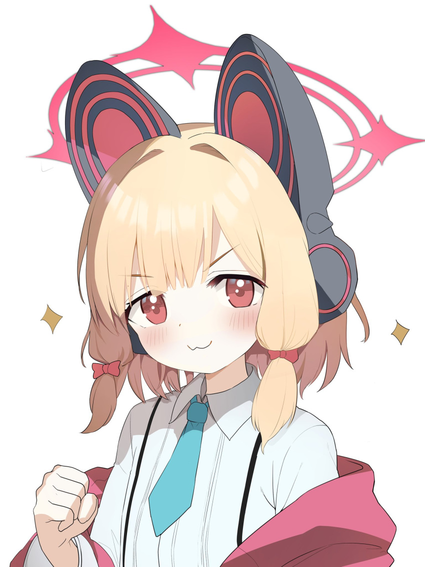 1girl :3 animal_ear_headphones animal_ears blonde_hair blue_archive blue_necktie blush bow cat_ear_headphones clenched_hand closed_mouth collared_shirt doyagao fake_animal_ears hair_bow halo headphones highres looking_at_viewer low-tied_sidelocks momoi_(blue_archive) necktie off_shoulder p-gnesium pink_bow pink_halo second-party_source shirt short_hair smile smug solo sparkle upper_body v-shaped_eyebrows white_background white_shirt
