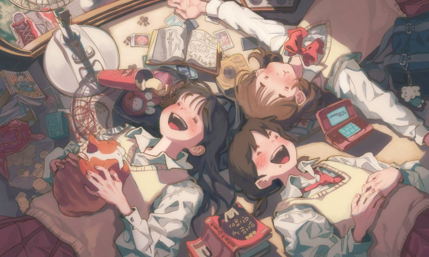3girls black_hair blush book bow bowtie brown_hair chips_(food) closed_eyes collared_shirt electric_fan food haemin0201 handheld_game_console highres hunter_x_hunter long_hair lying multiple_girls necktie nintendo_3ds on_back open_book open_mouth original pleated_skirt potato_chips red_bow red_bowtie red_necktie red_skirt shirt short_hair skirt smile sweater_vest white_shirt yellow_sweater_vest