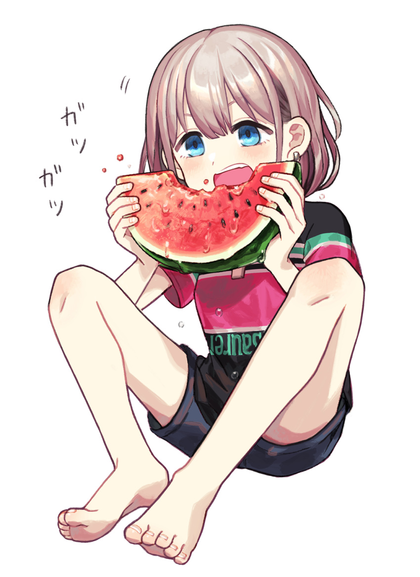 1girl barefoot blue_eyes earrings eating food food_bite fruit full_body grey_hair highres holding holding_food holding_fruit idolmaster idolmaster_shiny_colors jewelry open_mouth polo_shirt sasasasa serizawa_asahi shirt short_hair short_sleeves shorts simple_background single_earring solo sound_effects teeth upper_teeth_only water_drop watermelon watermelon_slice white_background