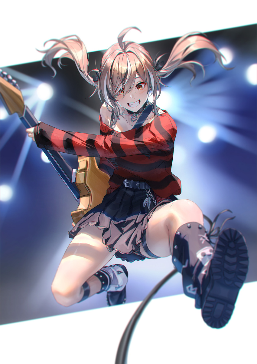 1girl ahoge belt black_belt black_choker black_footwear black_hair black_leg_warmers black_skirt black_sweater blush boots brown_eyes brown_hair choker guitar highres holding holding_guitar holding_instrument hololive hololive_english instrument lace-trimmed_choker lace_trim long_hair looking_at_viewer multicolored_hair nanashi_mumei nanashi_mumei_(emo) official_alternate_costume red_sweater skirt smile solo streaked_hair striped_clothes striped_sweater sweater thigh_strap tight_(ohmygod) torn_clothes torn_sweater twintails virtual_youtuber white_hair white_leg_warmers
