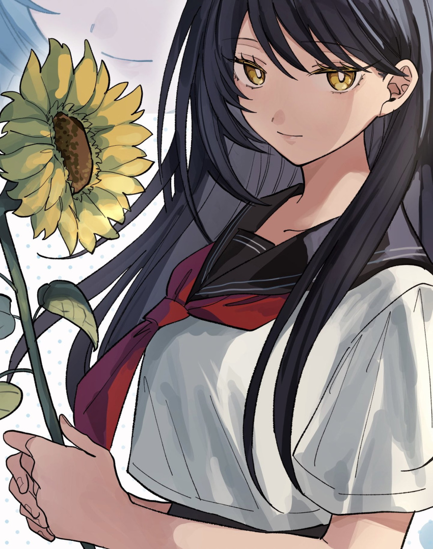 1girl aoi_(yooo009) black_hair black_sailor_collar breasts closed_mouth collarbone crop_top flower highres holding holding_flower light_smile long_hair looking_at_viewer neckerchief non-web_source original red_neckerchief sailor_collar school_uniform serafuku short_sleeves solo sunflower upper_body yellow_eyes yellow_flower