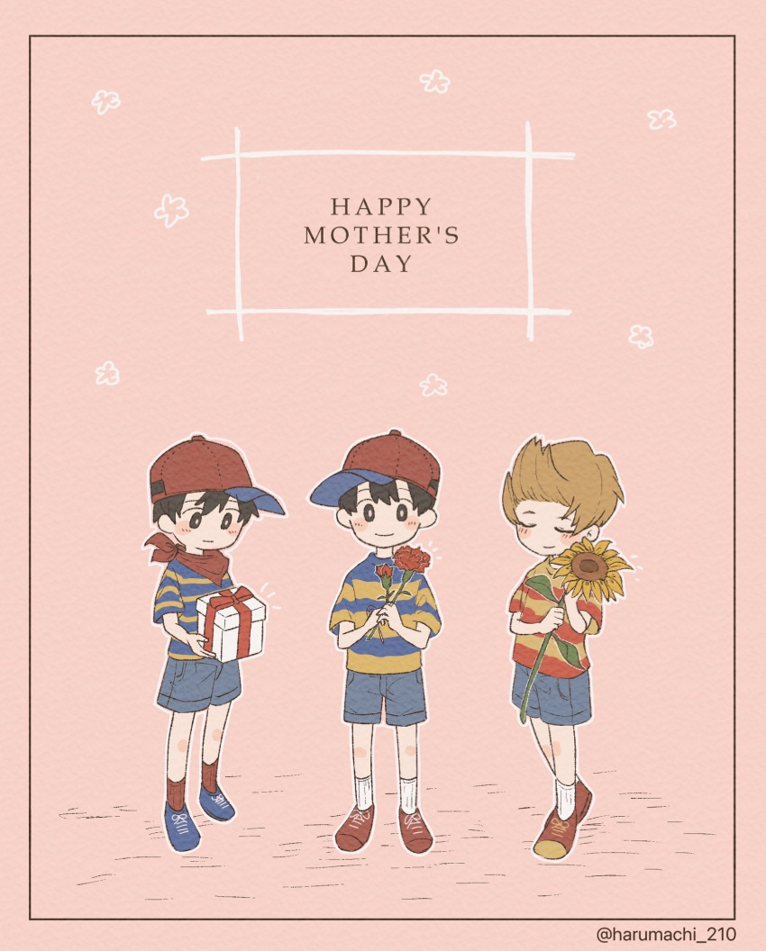 3boys baseball_cap blue_shorts box closed_eyes closed_mouth flower full_body gift gift_box happy_mother's_day haru-cho hat highres holding holding_flower holding_gift lucas_(mother_3) male_focus mother's_day mother_(game) mother_1 mother_2 mother_3 multiple_boys ness_(mother_2) ninten red_flower red_hat red_rose rose shirt shoes short_sleeves shorts sideways_hat simple_background socks standing striped_clothes striped_shirt sunflower twitter_username yellow_flower