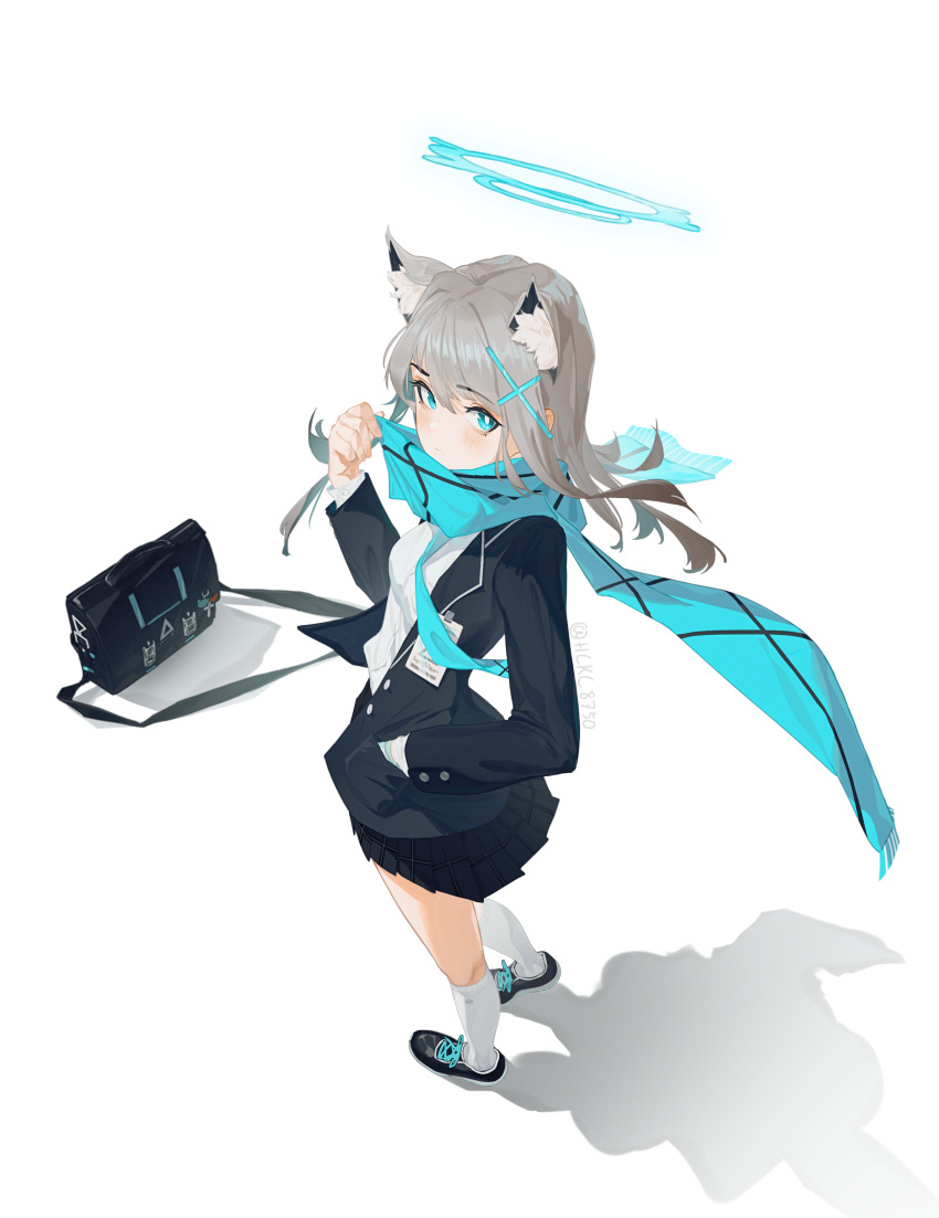 1girl absurdres animal_ear_fluff animal_ears bag black_bag black_jacket black_skirt blue_archive blue_eyes blue_halo blue_scarf commentary_request cross_hair_ornament from_above full_body grey_hair hair_ornament halo hand_in_pocket hand_up hckc8750 highres jacket long_hair long_sleeves looking_at_viewer looking_up mismatched_pupils pleated_skirt scarf scarf_pull school_bag shadow shiroko_(blue_archive) shirt shoes simple_background skirt socks solo standing white_background white_shirt white_socks wolf_ears