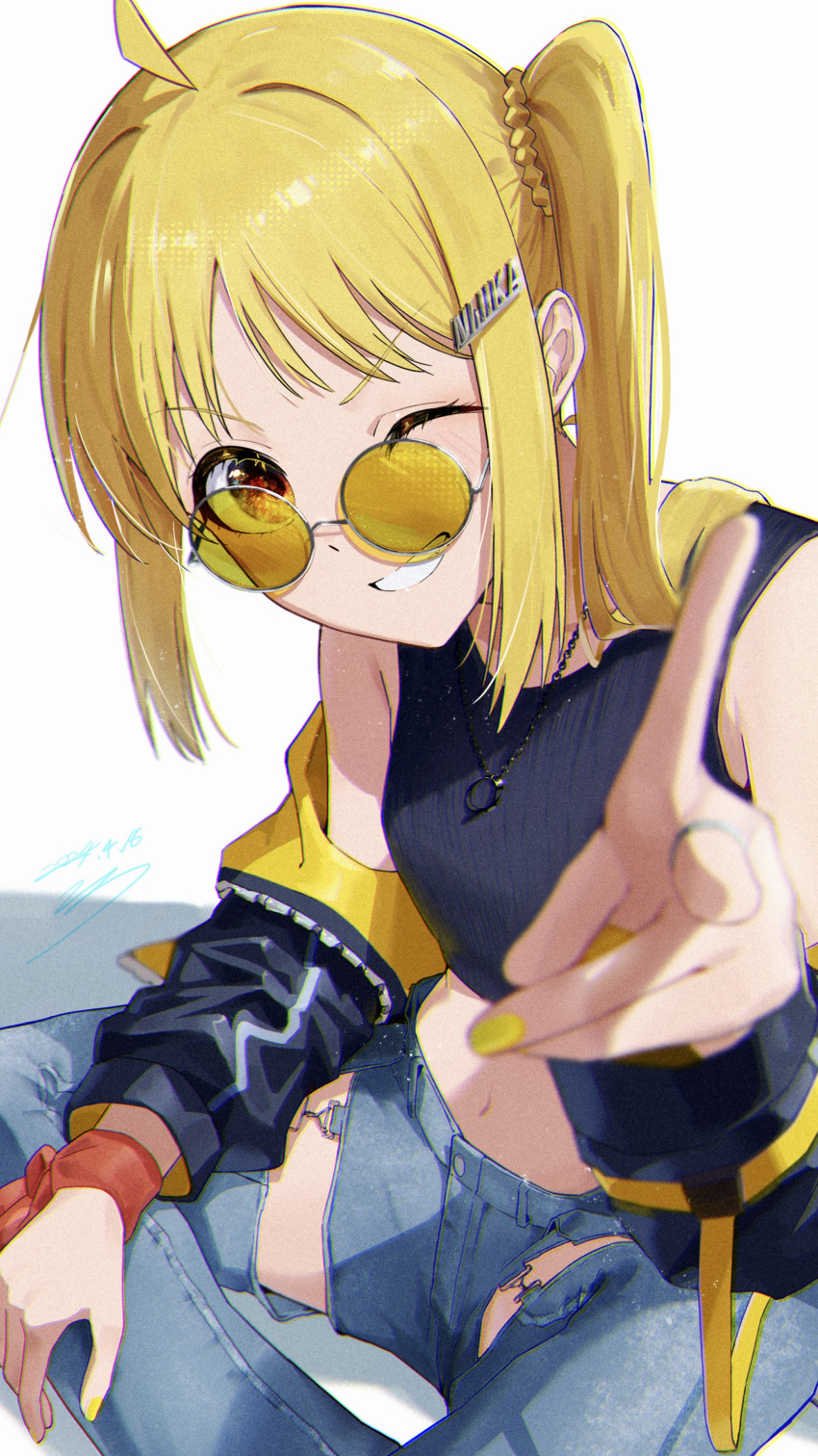 1girl absurdres bare_shoulders blonde_hair blue_pants bocchi_the_rock! glasses hair_ornament hand_up highres ijichi_nijika jacket jewelry long_sleeves looking_at_viewer navel necklace one_eye_closed pants partially_undressed removing_jacket seisyuntarotto side_ponytail simple_background sitting smile solo stomach sunglasses tank_top torn_clothes unworn_jacket white_background yellow_nails