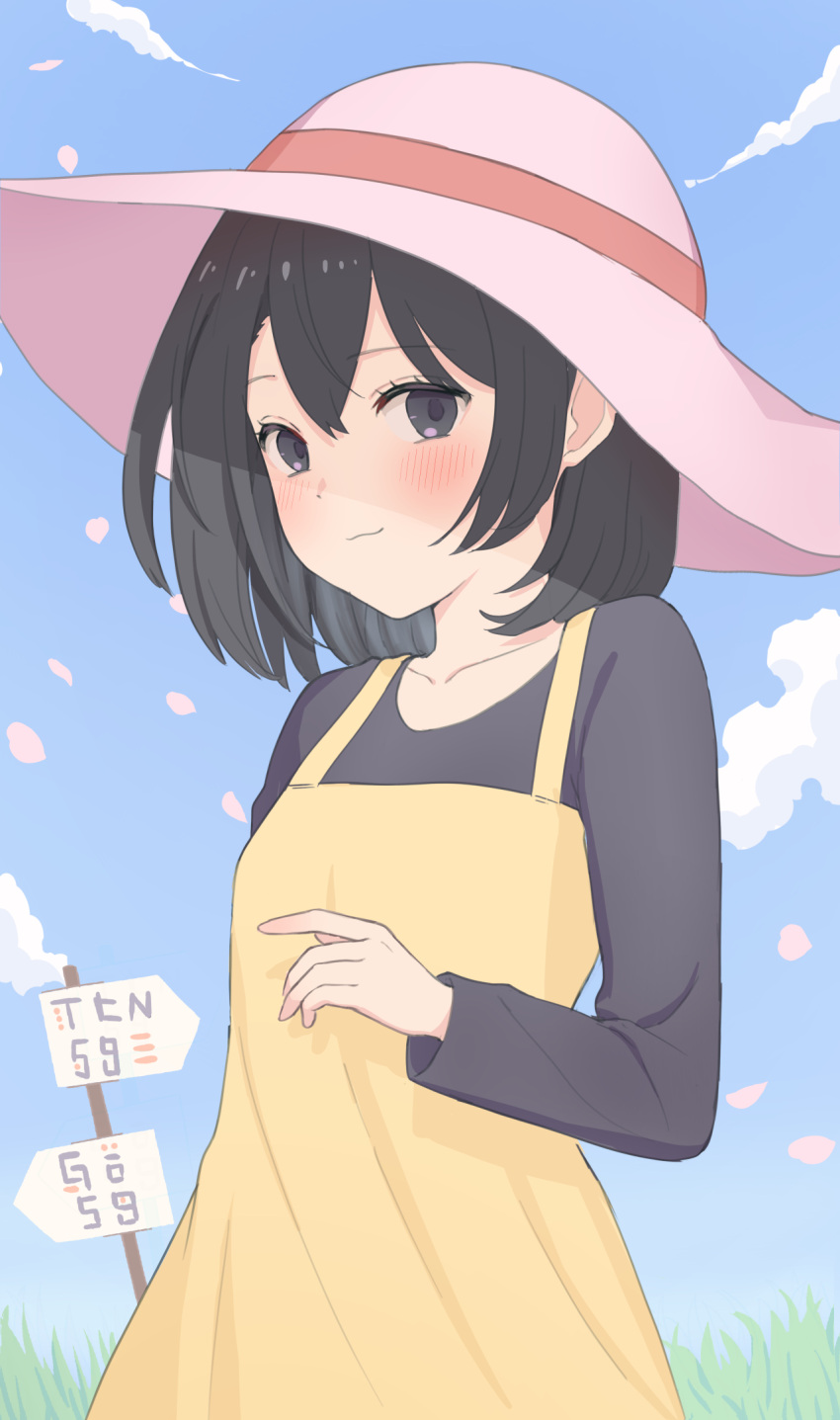 1girl :3 andou_natsumi black_eyes black_hair black_shirt blue_sky breasts closed_mouth clouds commentary_request day dot_nose dress from_side grass hair_between_eyes hat hat_ribbon highres long_sleeves looking_at_viewer natsumi_step! nzmtarou outdoors pink_headwear ribbon shirt sign sky small_breasts solo sun_hat sundress yellow_dress