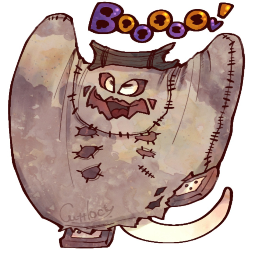 1boy big_man_(splatoon) closed_eyes cuttlocty english_text ghost_costume halloween_costume official_alternate_costume open_mouth solo splatoon_(series) splatoon_3 stitches white_background