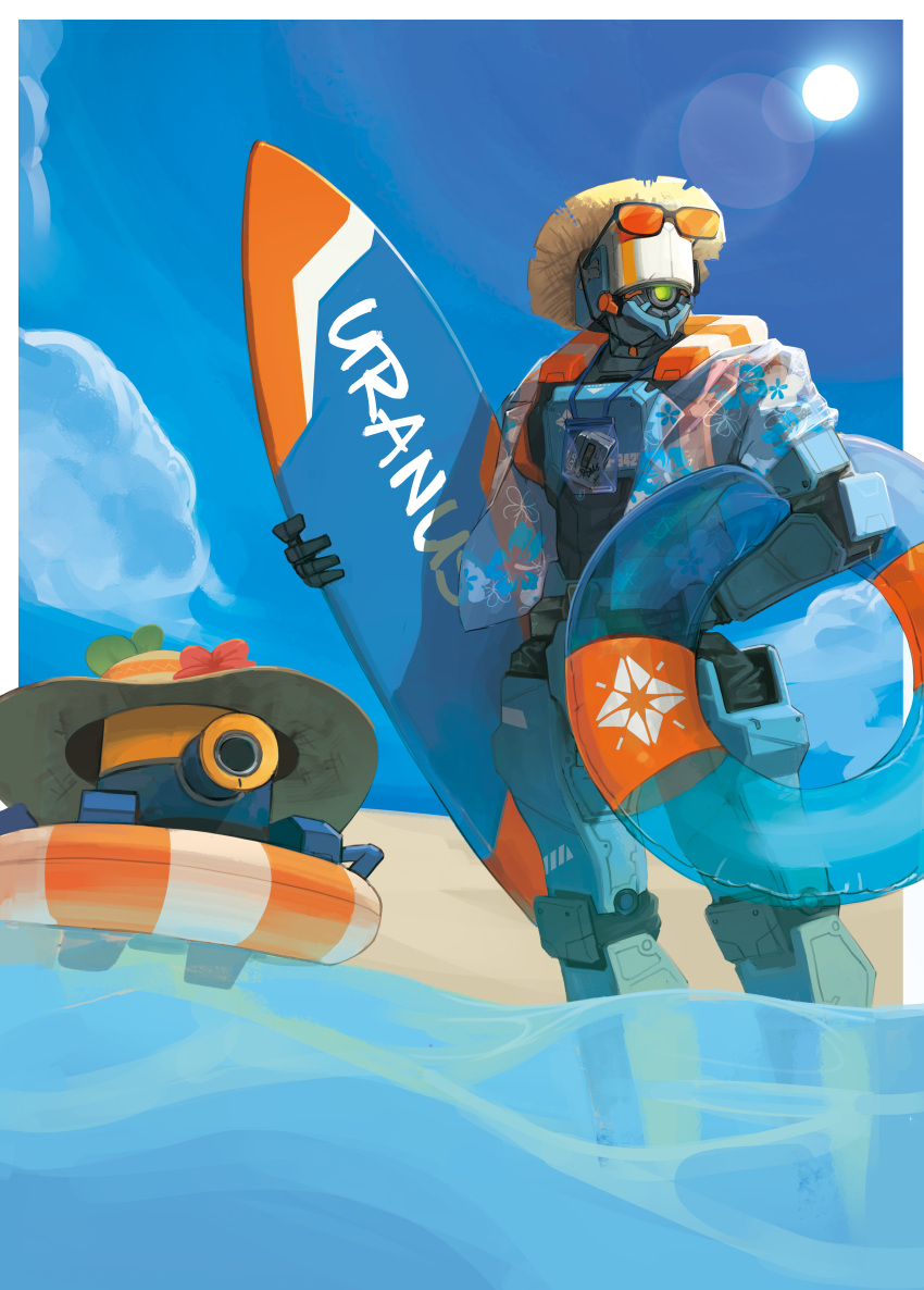 1other absurdres alternate_costume beach blue_sky cassette_player character_name clouds english_commentary english_text eyewear_on_head girls'_frontline_neural_cloud girls_frontline hat highres holding holding_surfboard holding_swim_ring innertube lens_flare non-humanoid_robot open_clothes open_shirt orange-tinted_eyewear outdoors partially_submerged pure_boy robot sand see-through see-through_shirt shirt sky straw_hat sun sun_hat surfboard swim_ring tinted_eyewear uranus_(neural_cloud) water
