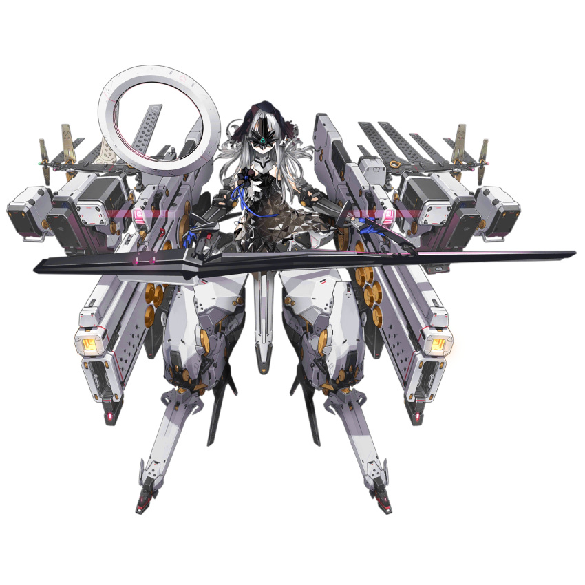1girl artist_request black_dress black_gauntlets black_mask black_veil blue_gloves blue_ribbon dress energy_gun facing_viewer floating floating_object floating_weapon full_body gauntlets girls_frontline gloves highres holding holding_polearm holding_weapon long_hair mask mecha_musume mechanical_legs missile_pod nyto_(girls'_frontline) official_art paradeus polearm ribbon sana_(boss)_(girls'_frontline) sana_(girls'_frontline) science_fiction shoulder_ribbon simple_background solo spoilers straight-on third-party_source transparent_background triangular_pattern usekh_collar veil weapon weapon_request white_hair