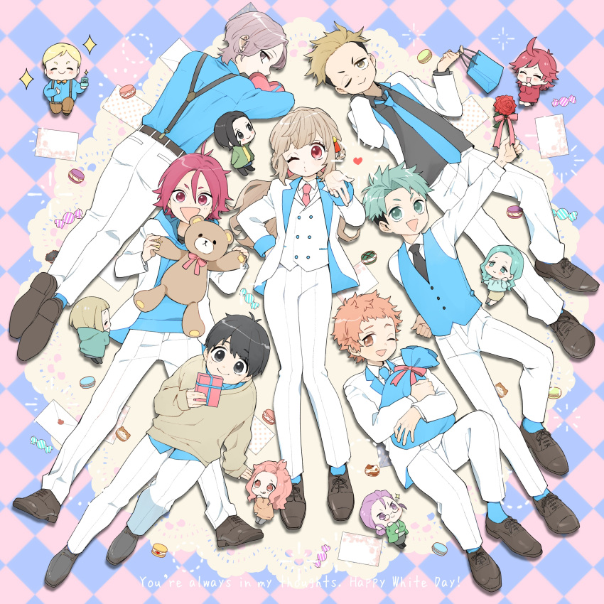 6+boys 6+girls :d ;d absurdres akamatsu_(etra-chan_wa_mita!) akane_(etra-chan_wa_mita!) aqua_eyes aqua_hair artist_request azami_(etra-chan_wa_mita!) bag black_eyes black_footwear black_hair black_necktie black_shirt blonde_hair blue_hoodie blue_necktie blue_shirt blue_vest blush box box_of_chocolates brown_eyes brown_hair brown_sweater candy candy_wrapper chibi chibi_inset closed_mouth collared_shirt commentary_request english_text etra-chan_wa_mita! etra_(etra-chan_wa_mita!) food gift green_eyes green_hair hair_bun happy_white_day highres hiiragi_(etra-chan_wa_mita!) holding holding_bag holding_gift hood hoodie jacket john_(etra-chan_wa_mita!) karin_(etra-chan_wa_mita!) katsura_(etra-chan_wa_mita!) kuroki_(etra-chan_wa_mita!) letter light_brown_hair long_hair long_sleeves love_letter macaron multiple_boys multiple_girls necktie official_art one_eye_closed open_mouth pants paper_bag pink_hair purple_hair red_eyes red_necktie redhead second-party_source shirt shoes short_hair single_hair_bun smile sparkle spiky_hair sweater tachibana_(etra-chan_wa_mita!) tokusa_(etra-chan_wa_mita!) topknot tsutsuji_(etra-chan_wa_mita!) undercut vest violet_eyes white_day white_jacket white_pants white_shirt wrapped_candy yellow_eyes yuri_(etra-chan_wa_mita!) yuzuriha_(etra-chan_wa_mita!)