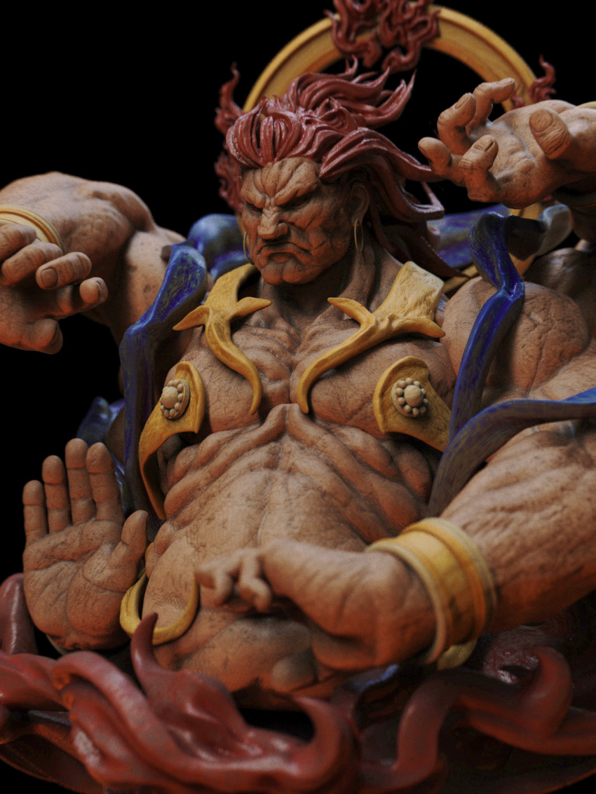 1boy 3d akuma_(street_fighter) cropped_torso extra_arms fiery_hair figure fire frown halo_behind_head highres hubai_(f_mandelbrot) large_hands looking_ahead looking_at_viewer male_focus muscular muscular_male pectorals photo_(medium) redhead solo street_fighter three_quarter_view wrinkled_skin