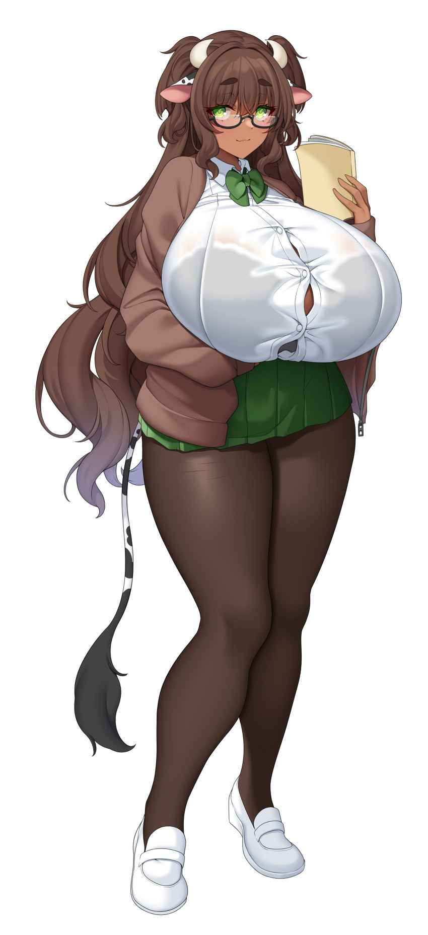 1girl :3 absurdres animal_ears bow bowtie breasts brown_hair brown_pantyhose bursting_breasts button_gap cardigan cow_ears cow_girl cow_horns cow_tail curvy dark-skinned_female dark_skin glasses green_bow green_bowtie green_eyes green_skirt highres horns huge_breasts loafers long_hair mae_(bakeneko) miniskirt open_cardigan open_clothes original pantyhose pleated_skirt school_uniform second-party_source semi-rimless_eyewear shoes short_twintails simple_background skirt solo suruga_(xsurugax) tachi-e tail twintails under-rim_eyewear undershirt undersized_clothes very_long_hair wavy_hair white_background