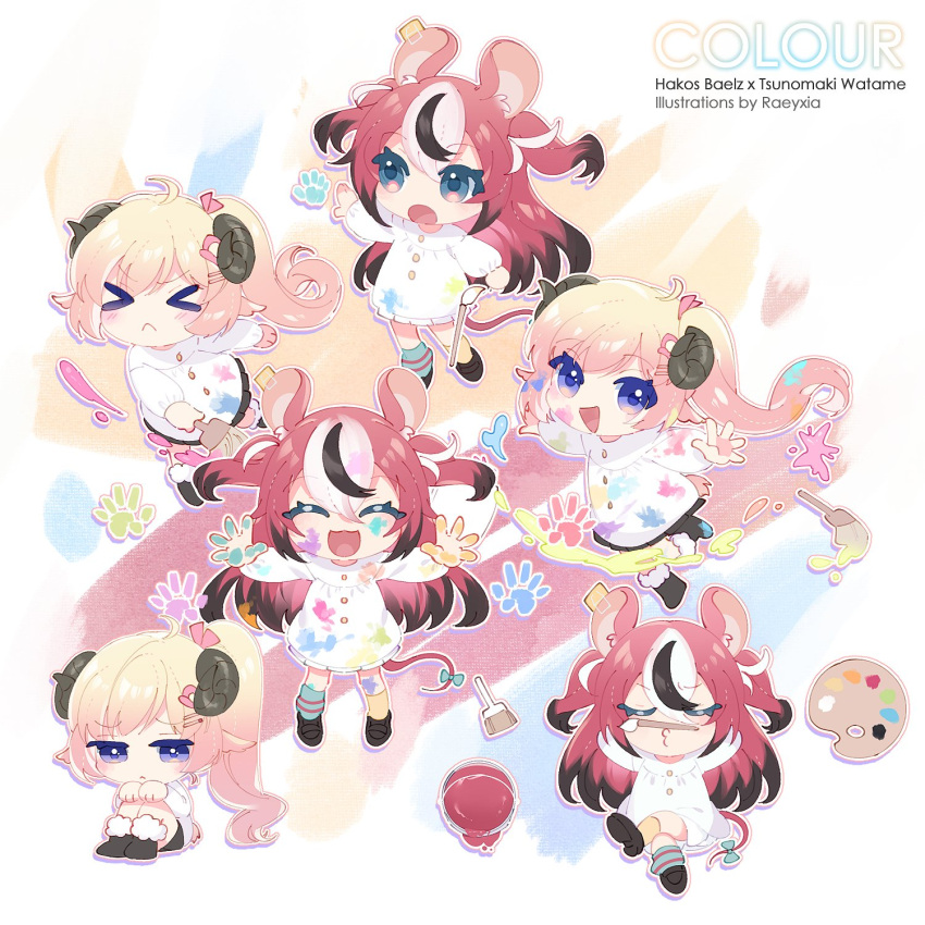&gt;_&lt; 2girls :d aged_down airplane_arms alternate_hairstyle animal_ears black_hair blonde_hair blue_eyes blush chibi chibi_only closed_eyes colored_tips hakos_baelz highres hololive horns kindergarten_uniform long_hair mouse_ears mouse_girl mouse_tail multicolored_hair multiple_girls multiple_views namiey open_mouth outstretched_arms paint_on_clothes paint_splatter paintbrush palette_(object) redhead sailor_collar sheep_ears sheep_girl sheep_horns sheep_tail side_ponytail smile smock spread_arms streaked_hair tail tsunomaki_watame two_side_up very_long_hair violet_eyes virtual_youtuber white_hair