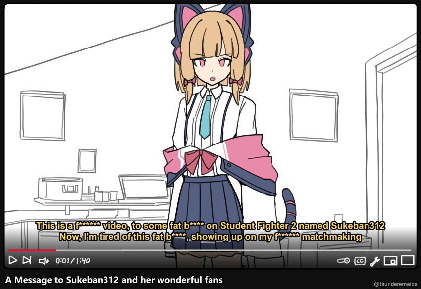 1girl animal_ears arms_at_sides black_skirt blonde_hair blue_archive blue_necktie collared_shirt commentary cowboy_shot dot_nose english_commentary english_text fake_animal_ears fake_screenshot highres indoors jacket long_sleeves looking_at_viewer low_tier_god momoi_(blue_archive) necktie off_shoulder open_mouth pink_eyes pleated_skirt profanity shirt sidelocks skirt solo standing tsunderemaids twitter_username white_shirt youtube