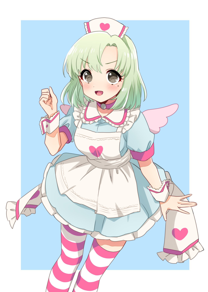 1girl apron blue_background blue_dress blush border breasts clenched_hand cosplay cowboy_shot dot_nose dress fake_wings green_hair grey_eyes hand_up hat heart heart_print highres idolmaster idolmaster_(classic) idolmaster_starlit_season idolmaster_stella_stage looking_at_viewer medium_breasts mole mole_under_eye nurse_cap open_mouth outside_border pink_thighhighs shiika_(idolmaster) short_hair short_sleeves simple_background smile solo standing striped_clothes striped_thighhighs sukoyaka_(100hituzi) thigh-highs v-shaped_eyebrows white_apron white_border white_wrist_cuffs wings wrist_cuffs yumemi_riamu yumemi_riamu_(cosplay)