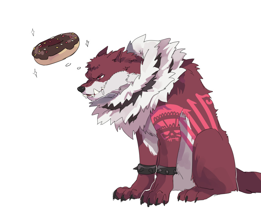 absurdres animal_focus animalization arm_tattoo armlet charlotte_katakuri chocolate_doughnut commentary dog doughnut drooling food frown fur_scarf highres hungry ks_lobos one_piece red_eyes red_fur scarf simple_background sitting sparkle spiked_armlet sprinkles stitches tattoo teeth thinking white_background white_fur