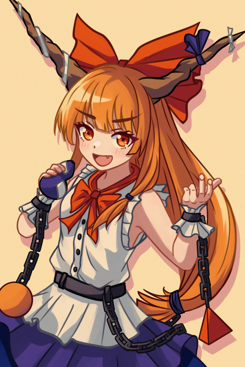 1girl absurdres belt blouse blunt_bangs bow bowtie brown_horns chain chunjiu cube fang hair_bow hand_up highres holding horn_bow horn_ornament horn_ribbon horns ibuki_suika light_blush long_hair looking_at_viewer low-tied_long_hair open_mouth orange_eyes orange_hair pleated_skirt purple_bow purple_ribbon purple_skirt pyramid_(geometry) red_bow red_bowtie ribbon shadow shirt sidelocks simple_background skirt sleeveless sleeveless_shirt touhou upper_body v-shaped_eyebrows very_long_hair white_shirt wrist_cuffs yellow_background