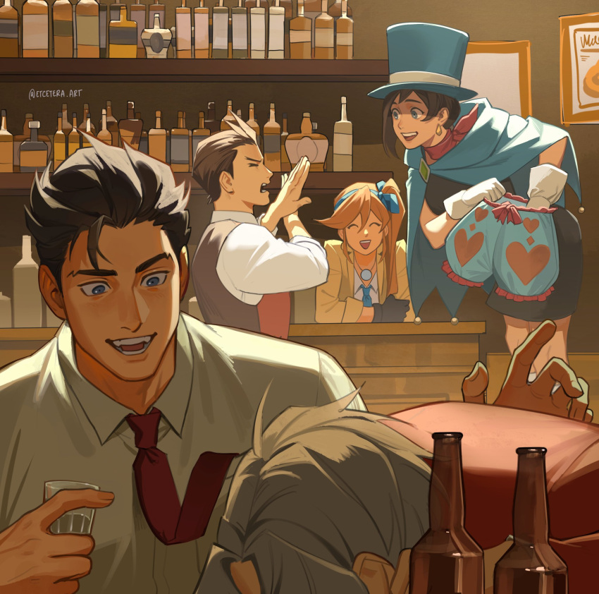 2girls 3boys ace_attorney apollo_justice athena_cykes bar_(place) black_hair bloomers blue_eyes blue_hat blue_ribbon brown_hair collared_shirt cup drink etceteraart grey_hair hat highres holding holding_bloomers holding_cup indoors jacket jewelry miles_edgeworth multiple_boys multiple_girls necklace necktie necktie_in_pocket open_mouth phoenix_wright red_jacket red_necktie ribbon shirt side_ponytail teeth top_hat trucy_wright vest white_shirt x_arms