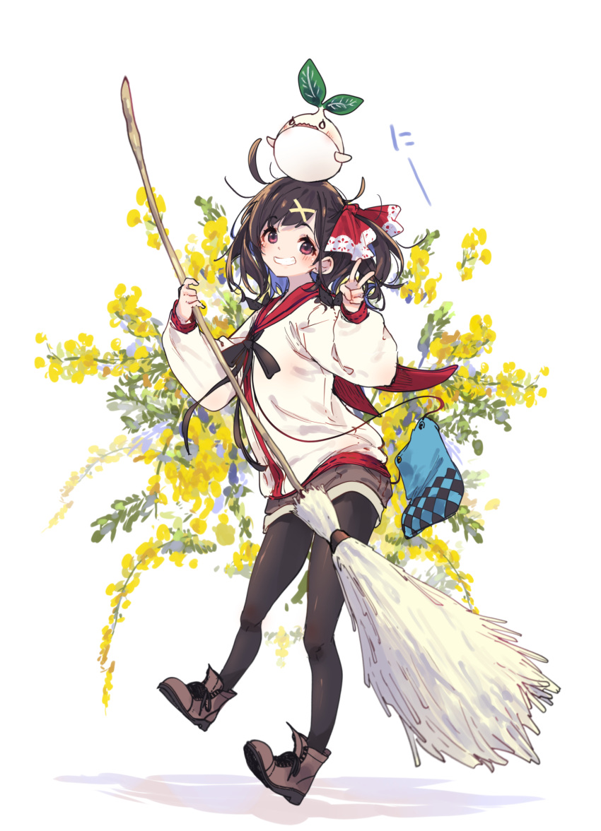 1girl :d absurdres allie=abel black_pantyhose black_ribbon blue_bag blush broom brown_footwear brown_hair brown_shorts cardigan commentary_request creature_on_head floral_background flower grin hair_ornament hairclip hamayumiba_sou highres holding holding_broom loose_hair_strand majo_no_hanaya-san mamoru-kun_(majo_no_hanaya-san) mandragora medium_hair neck_ribbon pantyhose pantyhose_under_shorts pink_eyes red_sailor_collar red_shirt ribbon sailor_collar shirt shoes short_shorts shorts smile solo translation_request unkempt v white_background white_cardigan x_hair_ornament yellow_flower