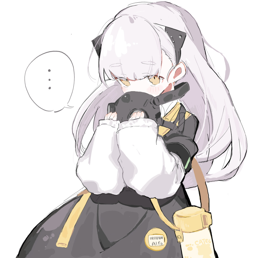 ... 1girl aged_down ak-alfa_(cat_snatcher_beneath_the_stars)_(girls'_frontline) ak-alfa_(girls'_frontline) blush character_name covered_mouth girls_frontline highres looking_at_viewer mask official_alternate_costume sanma_(tabet_) sleeves_past_wrists solo thermos yellow_eyes